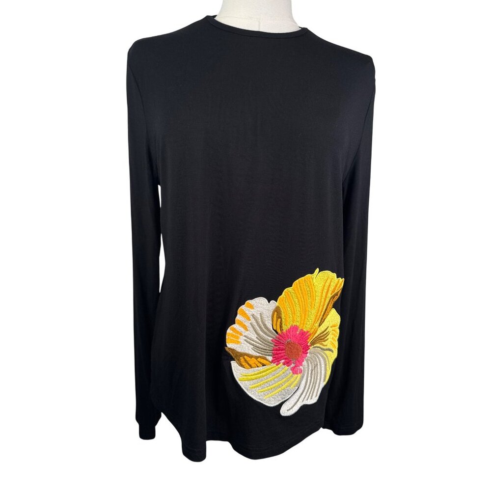 By Revasonee Small Black Long Sleeve Top With Floral Applique